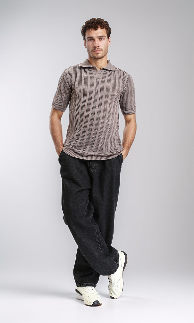 R206414 - Knitted Polo Shirt with Classic Collar - Taupe