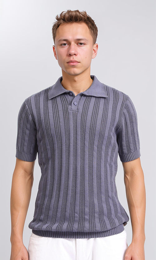Self Striped Short Sleeves Summer Polo Shirt - Dark Grey