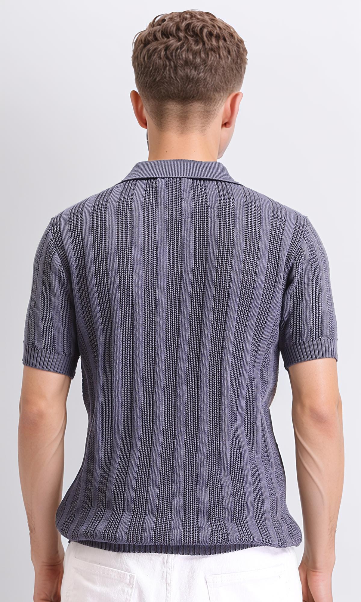 R206416 - Self Striped Short Sleeves Summer Polo Shirt - Dark Grey