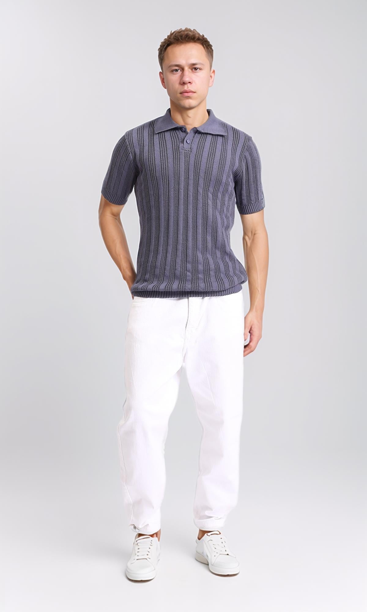 R206416 - Self Striped Short Sleeves Summer Polo Shirt - Dark Grey