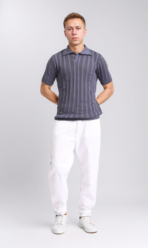 R206416 - Self Striped Short Sleeves Summer Polo Shirt - Dark Grey