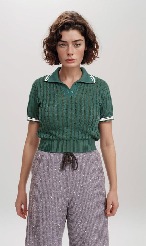 R206417-R206417 - Ribbed Polo Cropped Top - Green