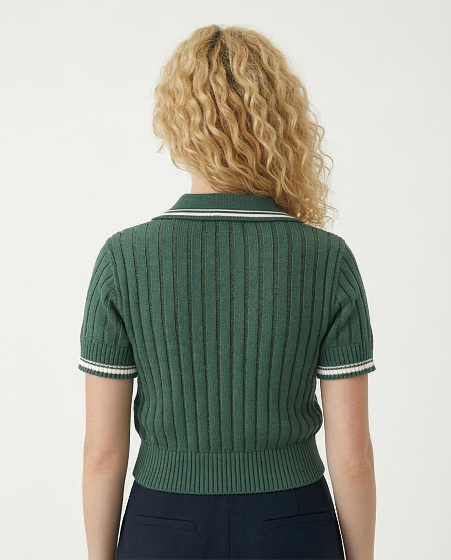 Ravin Women's Cable-Knit Short Sleeve Polo Sweater – Forest Green -R206417