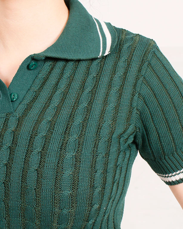 Ravin Women's Cable-Knit Short Sleeve Polo Sweater – Forest Green -R206417