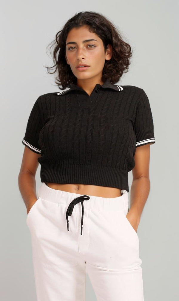 R206419 - Ribbed Polo Crop Top - Black
