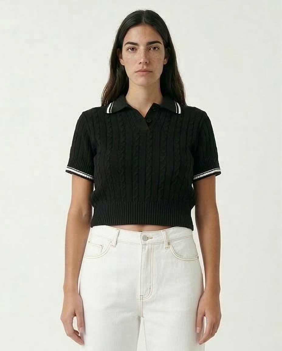 Women's Cable-Knit Cropped Polo Sweater - Black & White Preppy Knit