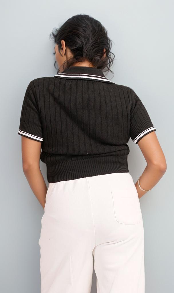 R206419 - Ribbed Polo Crop Top - Black
