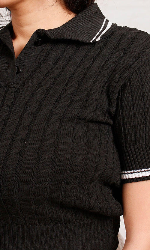 R206419 - Ribbed Polo Crop Top - Black