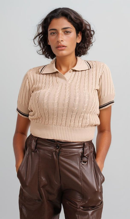 R206420 - Ribbed Polo Crop Top - Beige