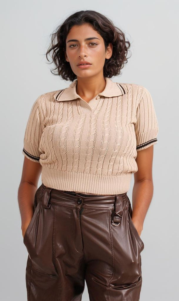 R206420 - Ribbed Polo Crop Top - Beige