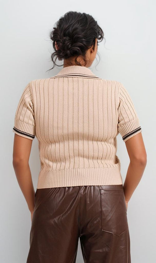 R206420 - Ribbed Polo Crop Top - Beige