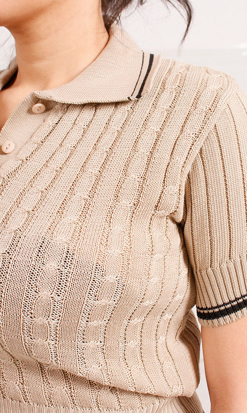 R206420 - Ribbed Polo Crop Top - Beige