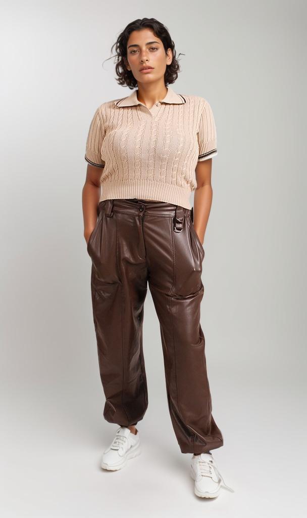 R206420 - Ribbed Polo Crop Top - Beige