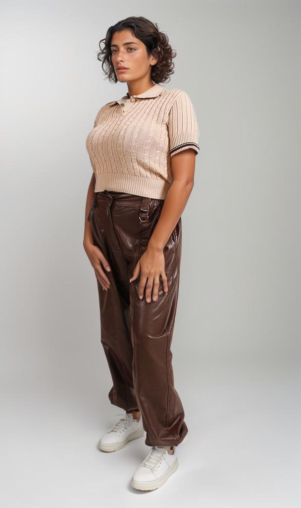 R206420 - Ribbed Polo Crop Top - Beige