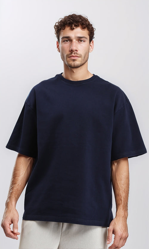 R206498 - Round Neck Elbow Sleeves Cotton Tee - Navy Blue