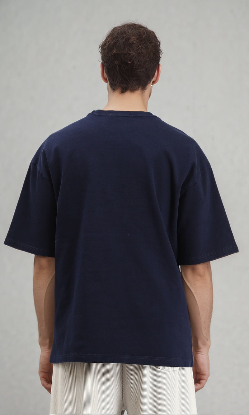 R206498 - Round Neck Elbow Sleeves Cotton Tee - Navy Blue