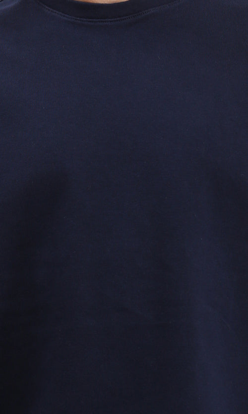 R206498 - Round Neck Elbow Sleeves Cotton Tee - Navy Blue