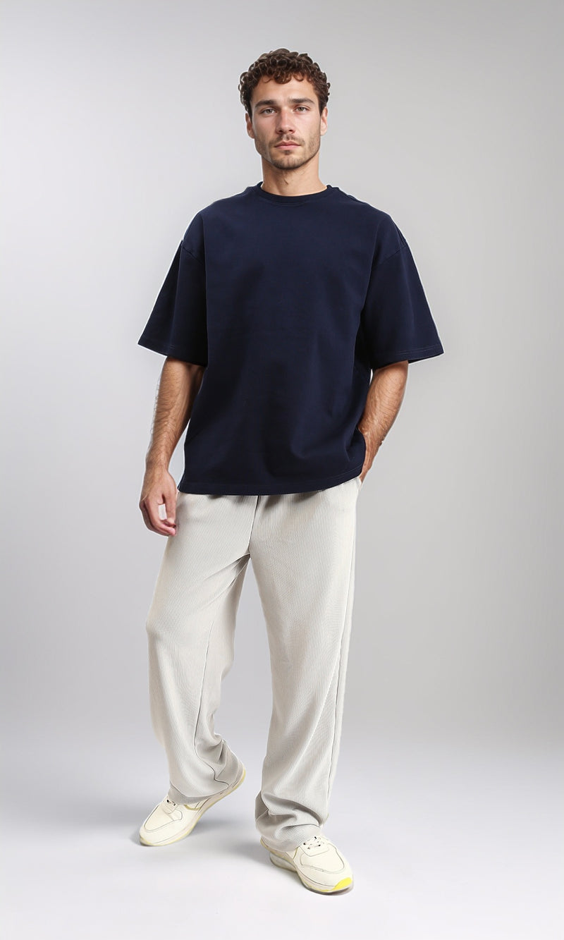 R206498 - Round Neck Elbow Sleeves Cotton Tee - Navy Blue