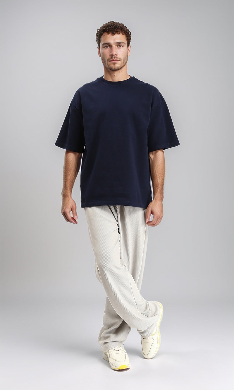 R206498 - Round Neck Elbow Sleeves Cotton Tee - Navy Blue