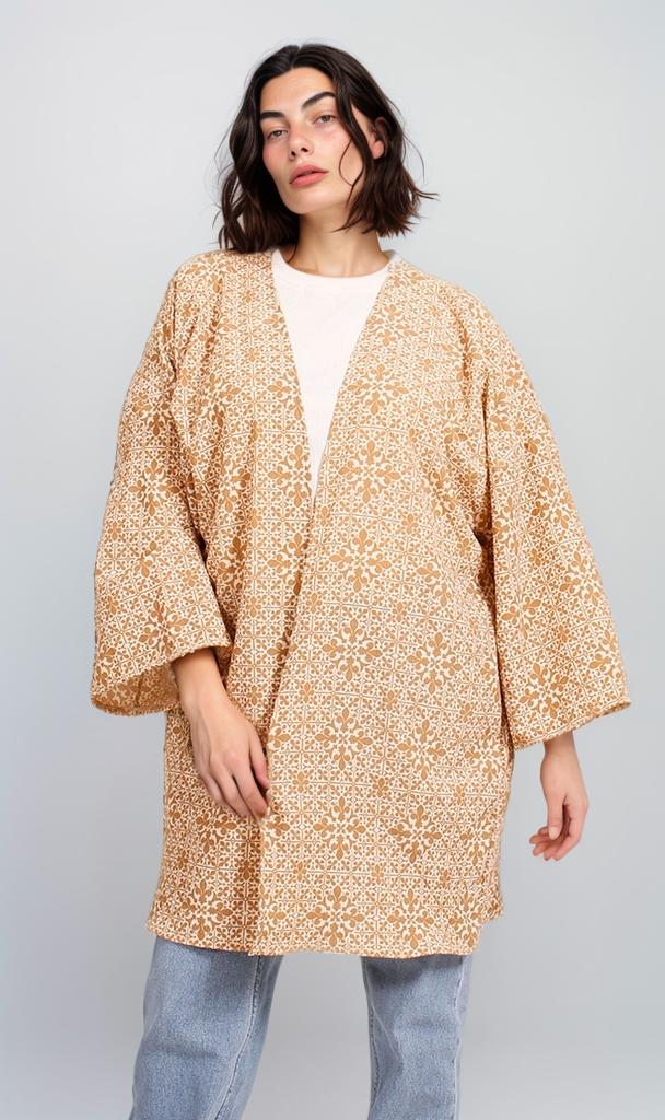 R206501 - Floral Printed Crepe Chiffon Kimono - Beige