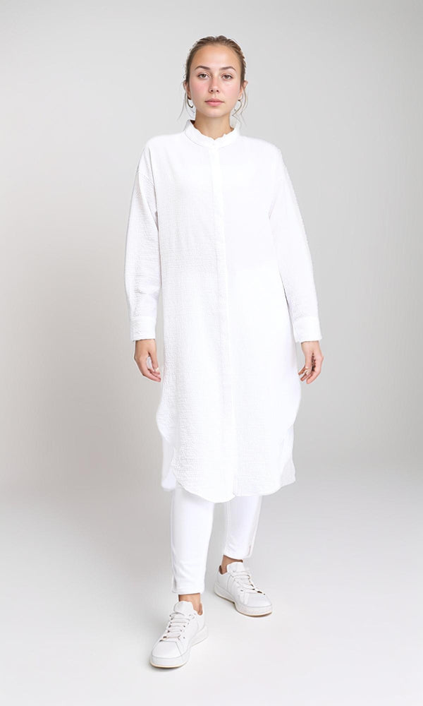 R206502 - Mandarin Collar Buttoned Textured Shirt - White