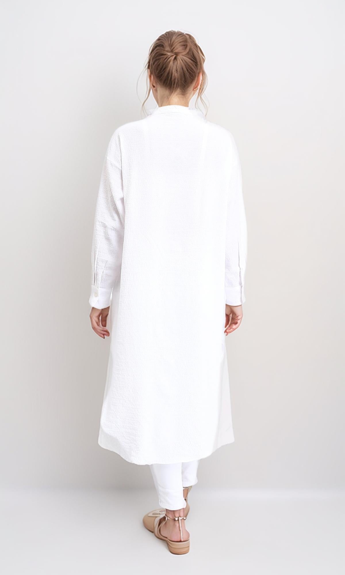 R206502 - Mandarin Collar Buttoned Textured Shirt - White