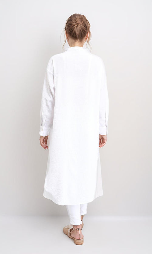 R206502 - Mandarin Collar Buttoned Textured Shirt - White