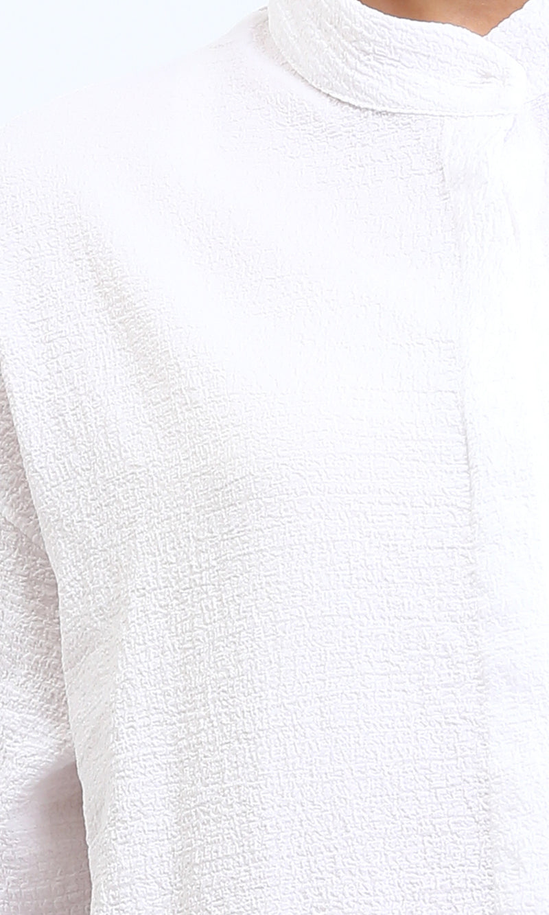 R206502 - Mandarin Collar Buttoned Textured Shirt - White