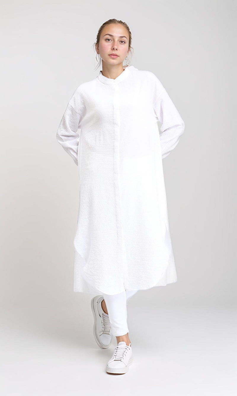 R206502 - Mandarin Collar Buttoned Textured Shirt - White