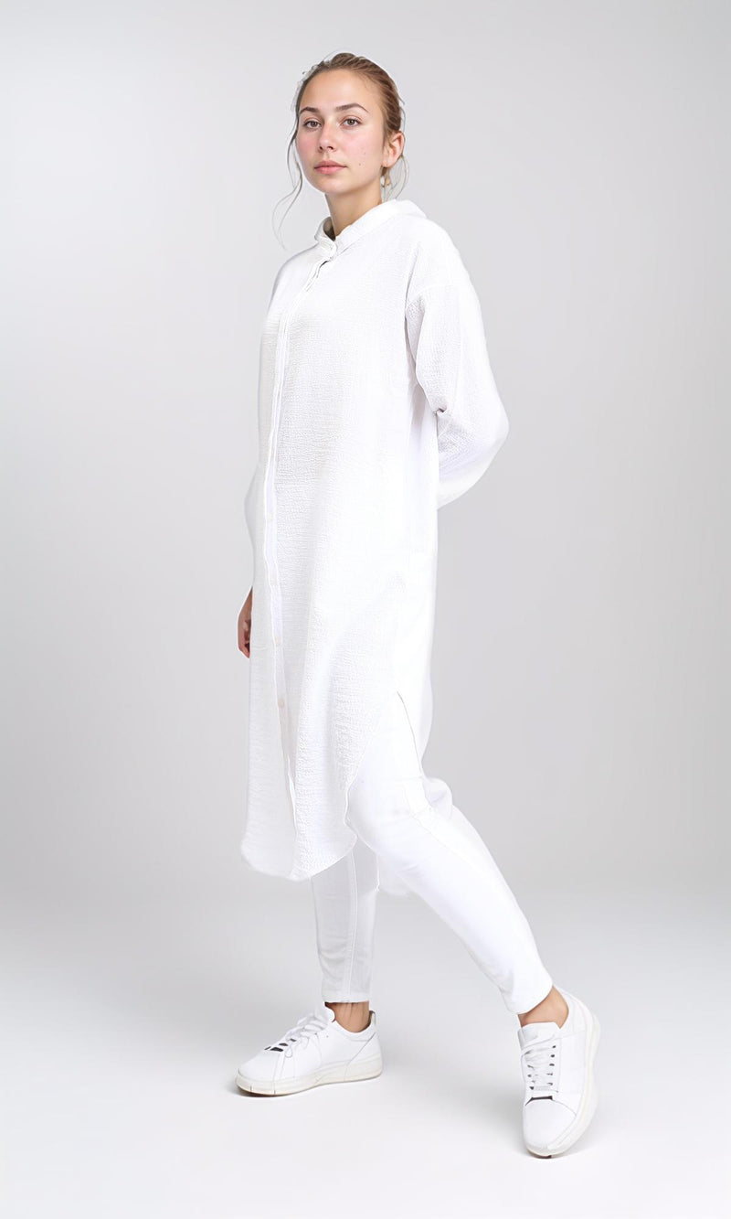 R206502 - Mandarin Collar Buttoned Textured Shirt - White