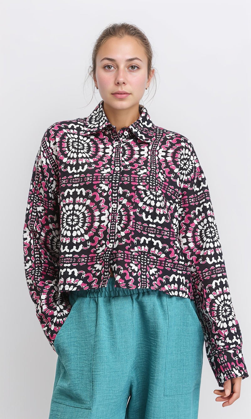 R206503 - Patterned Long Sleeves Short Shirt - Fuchsia & Black