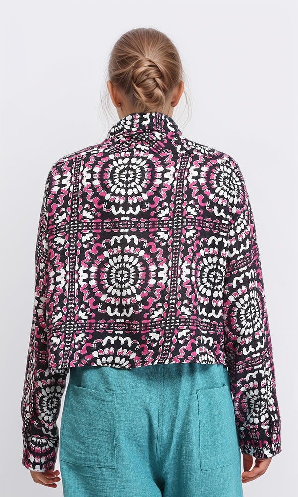 R206503 - Patterned Long Sleeves Short Shirt - Fuchsia & Black