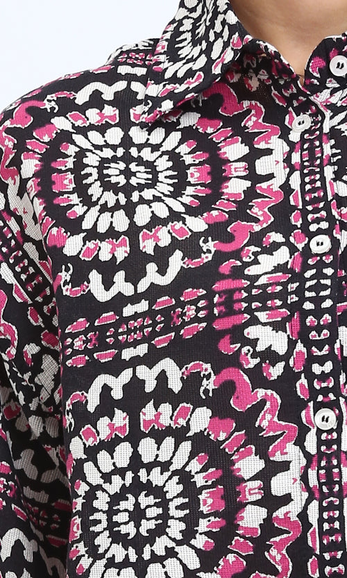 R206503 - Patterned Long Sleeves Short Shirt - Fuchsia & Black