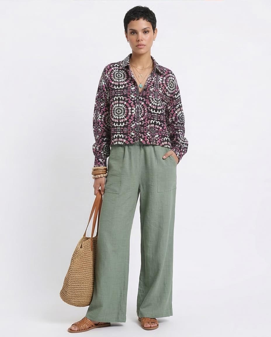 Ravin Women’s Mandala Print Cropped Boxy Shirt - Fuchsia & Black - R206503