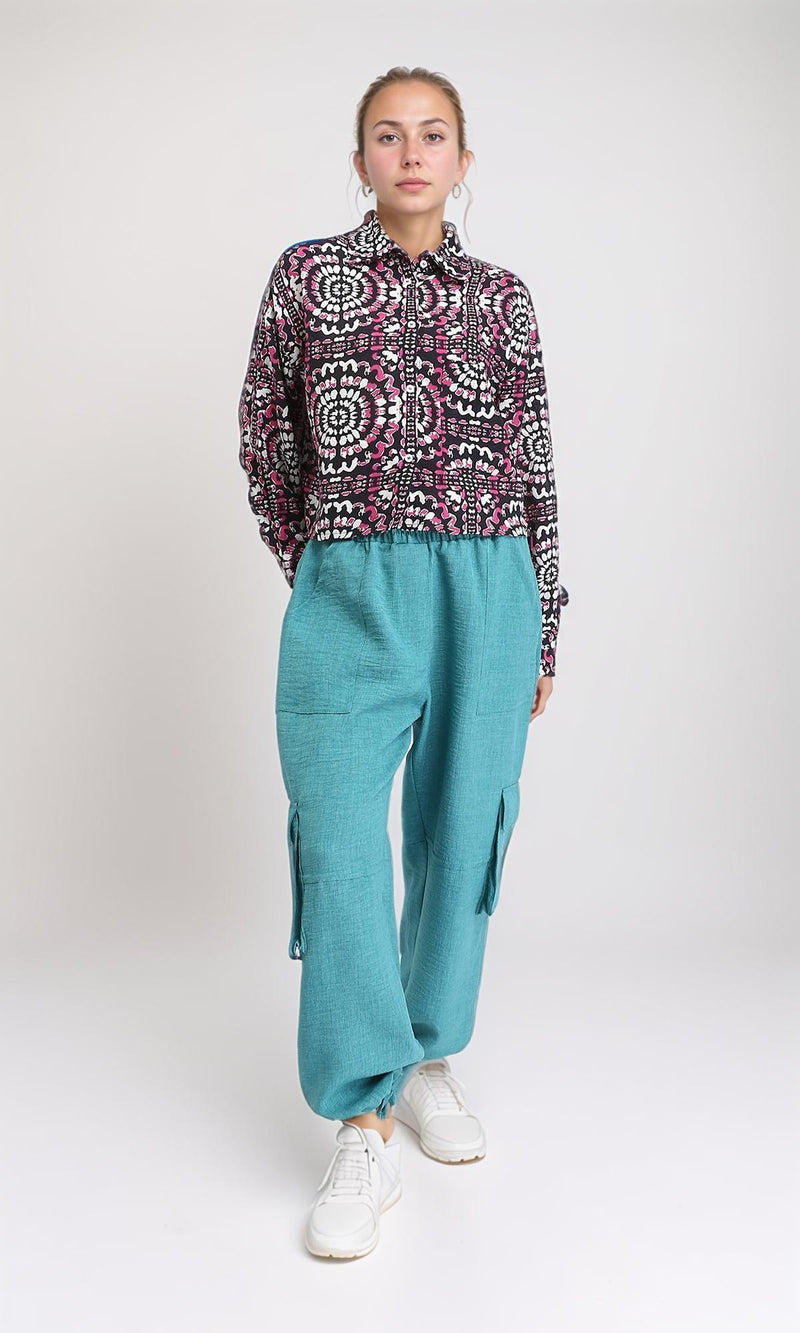 R206503 - Patterned Long Sleeves Short Shirt - Fuchsia & Black