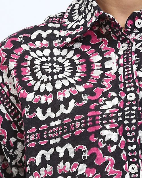 Ravin Women’s Mandala Print Cropped Boxy Shirt - Fuchsia & Black - R206503