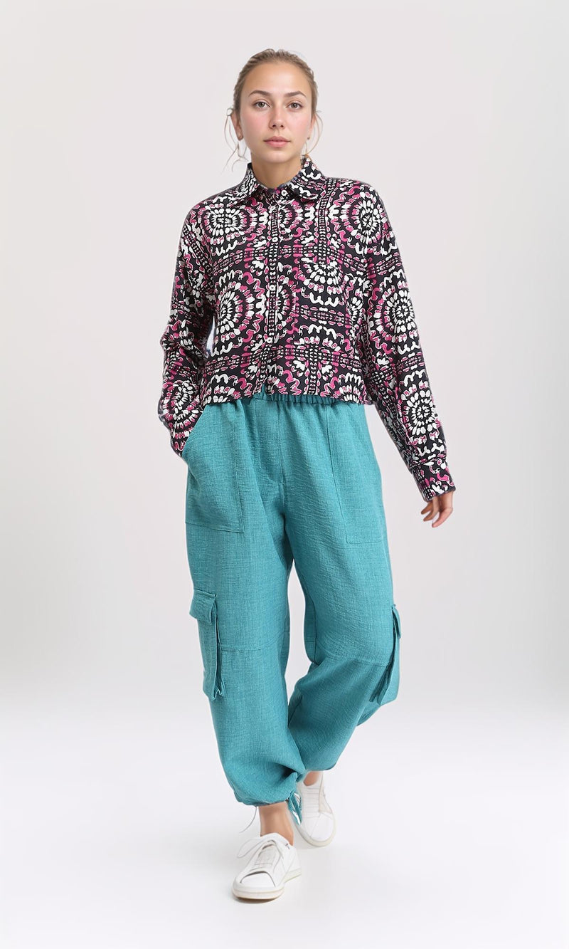 R206503 - Patterned Long Sleeves Short Shirt - Fuchsia & Black