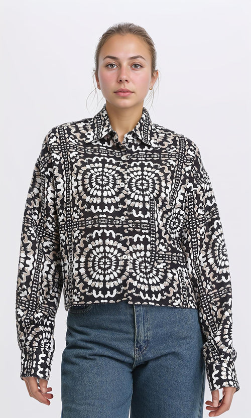 R206504 - Patterned Long Sleeves Short Shirt - Coffee & Black