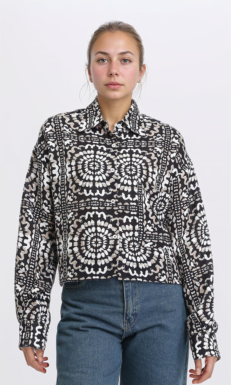 R206504 - Patterned Long Sleeves Short Shirt - Coffee & Black