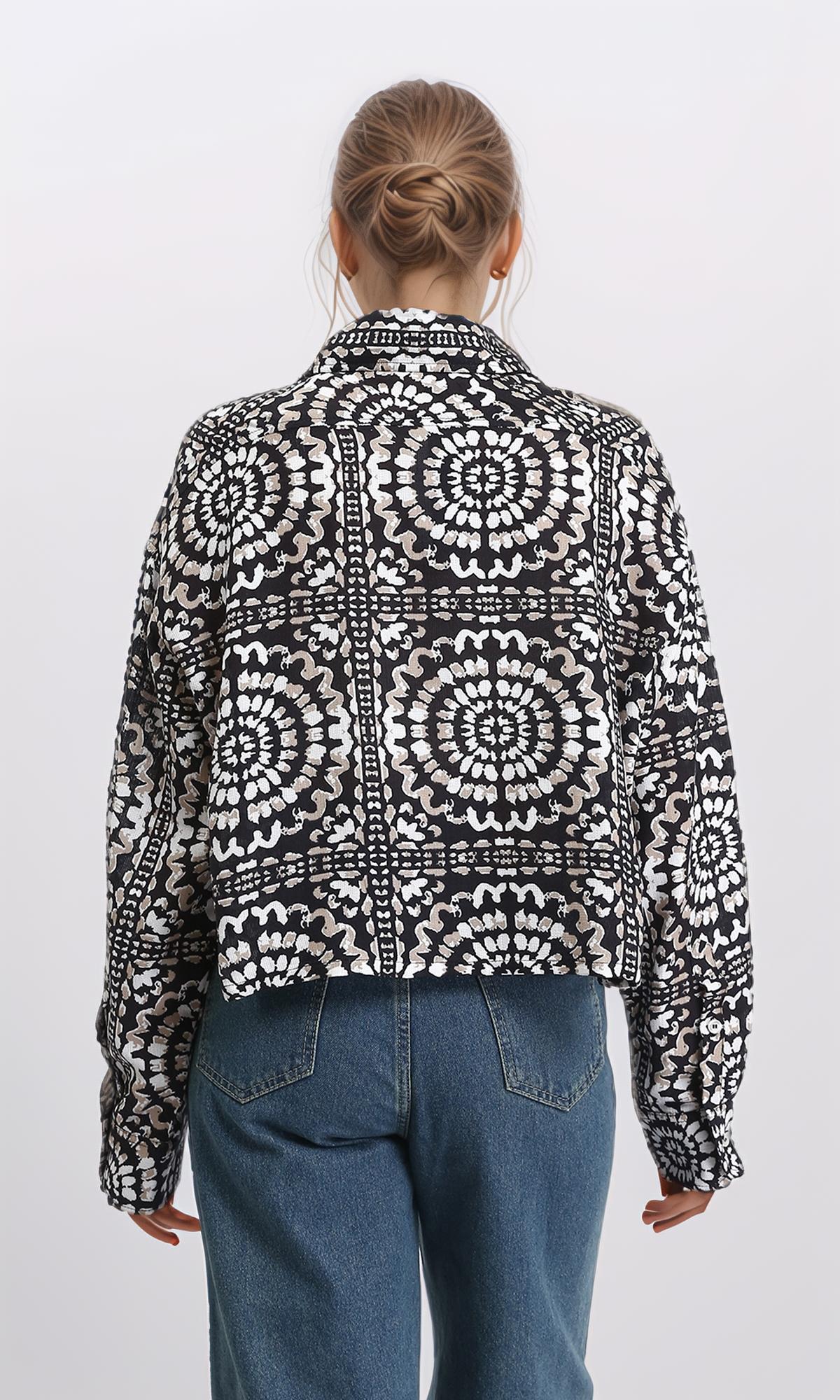 R206504 - Patterned Long Sleeves Short Shirt - Coffee & Black