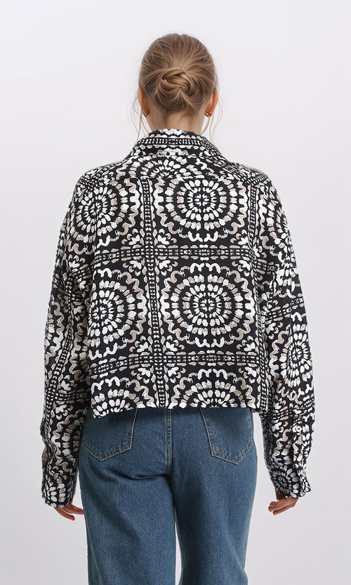 R206504 - Patterned Long Sleeves Short Shirt - Coffee & Black