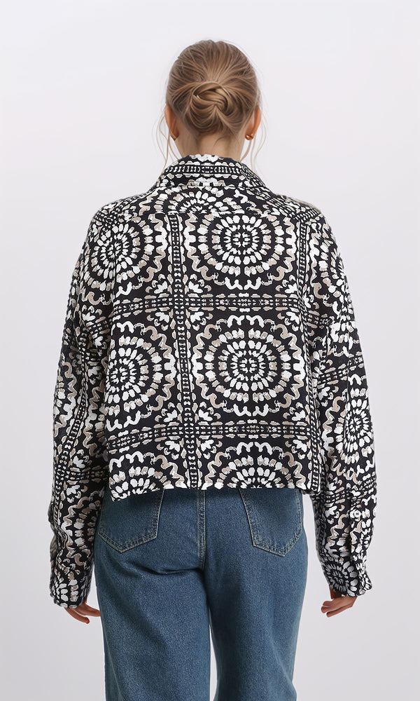 R206504 - Patterned Long Sleeves Short Shirt - Coffee & Black