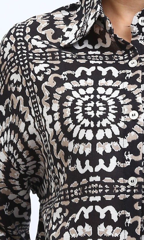 R206504 - Patterned Long Sleeves Short Shirt - Coffee & Black