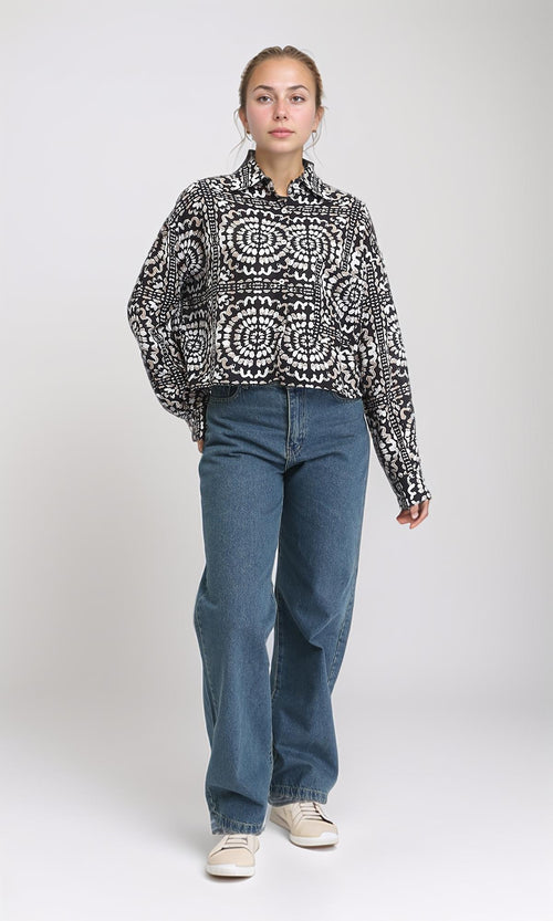 R206504 - Patterned Long Sleeves Short Shirt - Coffee & Black