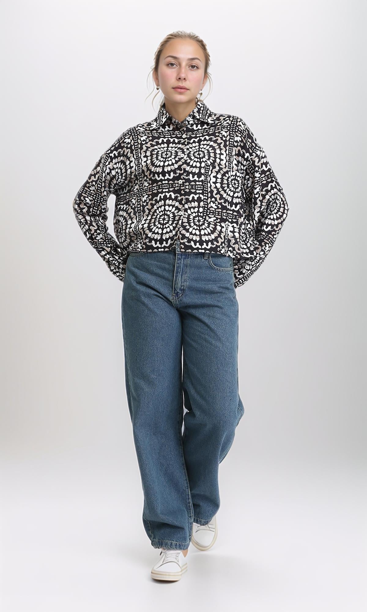 R206504 - Patterned Long Sleeves Short Shirt - Coffee & Black