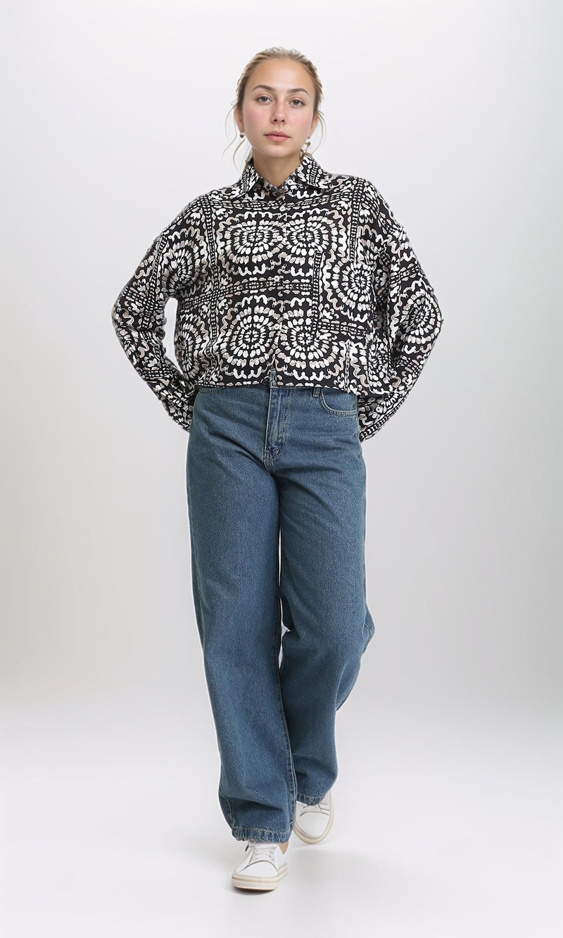 R206504 - Patterned Long Sleeves Short Shirt - Coffee & Black