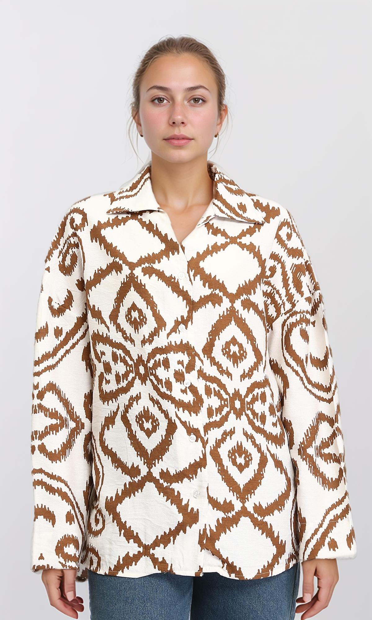 Open V-Neck Patterned Shirt - Brown & Off-White