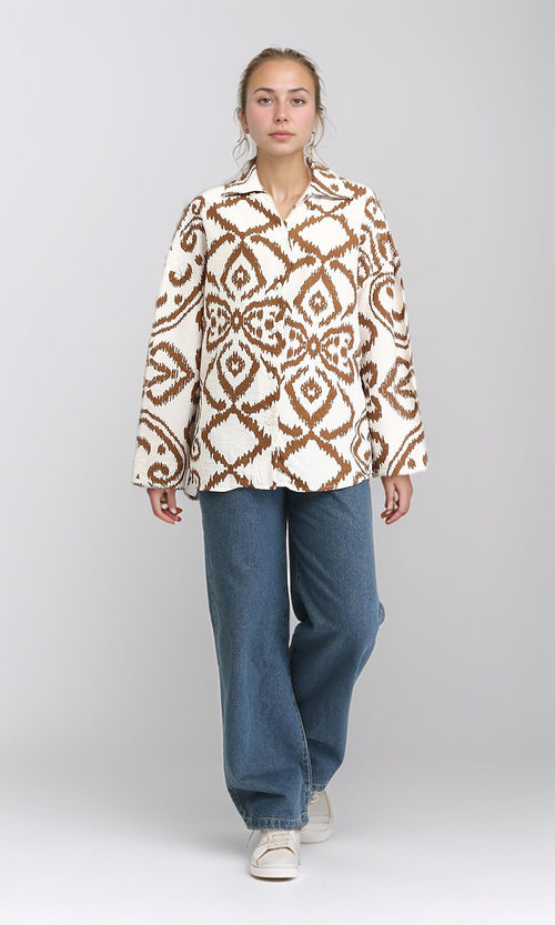 R206505 - Open V-Neck Patterned Shirt - Brown & Off-White