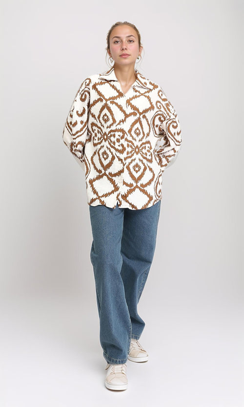 R206505 - Open V-Neck Patterned Shirt - Brown & Off-White