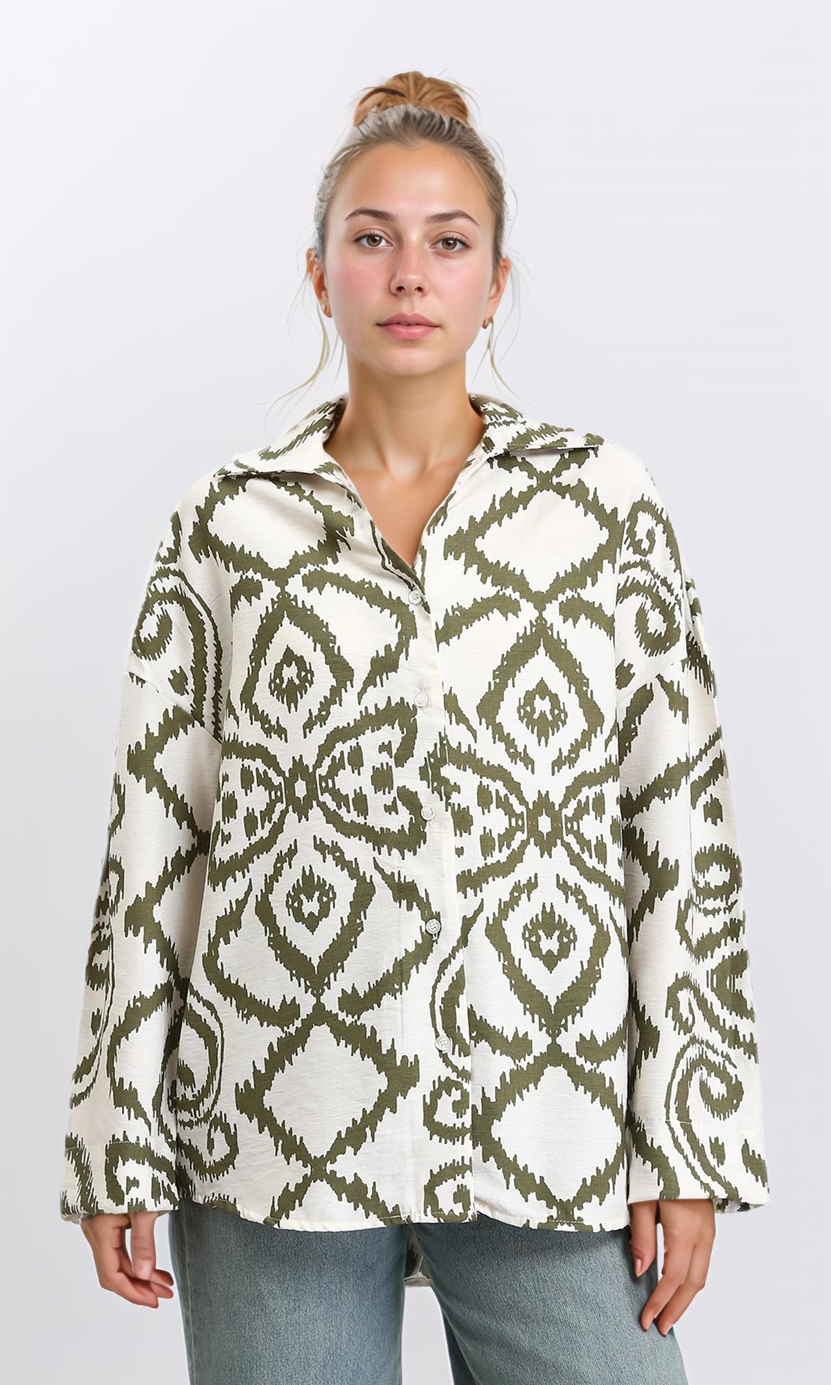 Open V-Neck Patterned Shirt - Dark Olive & Off-White
